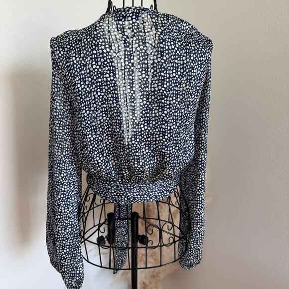 VICI Navy Dot Print Sheer Cropped Tie Front Blouse With Metallic Threads Small - Picture 6 of 11